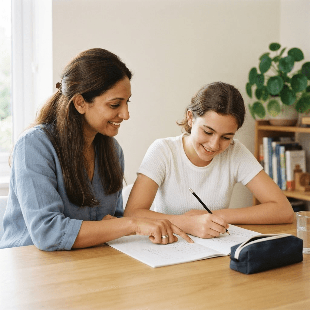 Illustrative scene of a tutor and a young learner working through Maths together